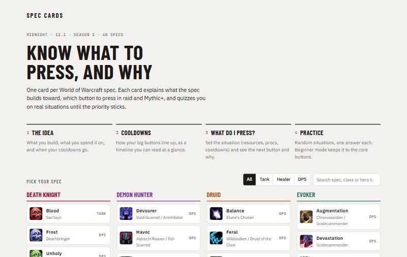 Spec Cards home page, listing World of Warcraft specs by class